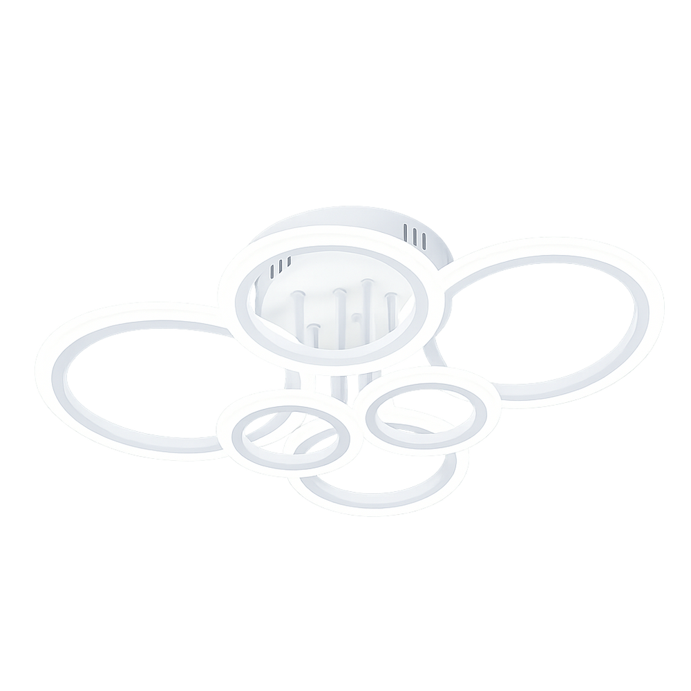 Lustra LED alba sase cercuri 112W cu telecomanda, montata in bucatarie moderna, lumina ajustabila 3000-6500K pentru iluminare puternica si eficienta