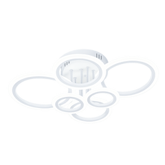 Lustra LED alba sase cercuri 112W cu telecomanda, montata in bucatarie moderna, lumina ajustabila 3000-6500K pentru iluminare puternica si eficienta
