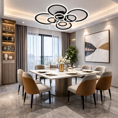 Lustra LED opt cercuri 180W cu telecomanda, instalata in bucatarie spatioasa moderna, lumina reglabila 3000-6500K pentru iluminare uniforma si eficienta