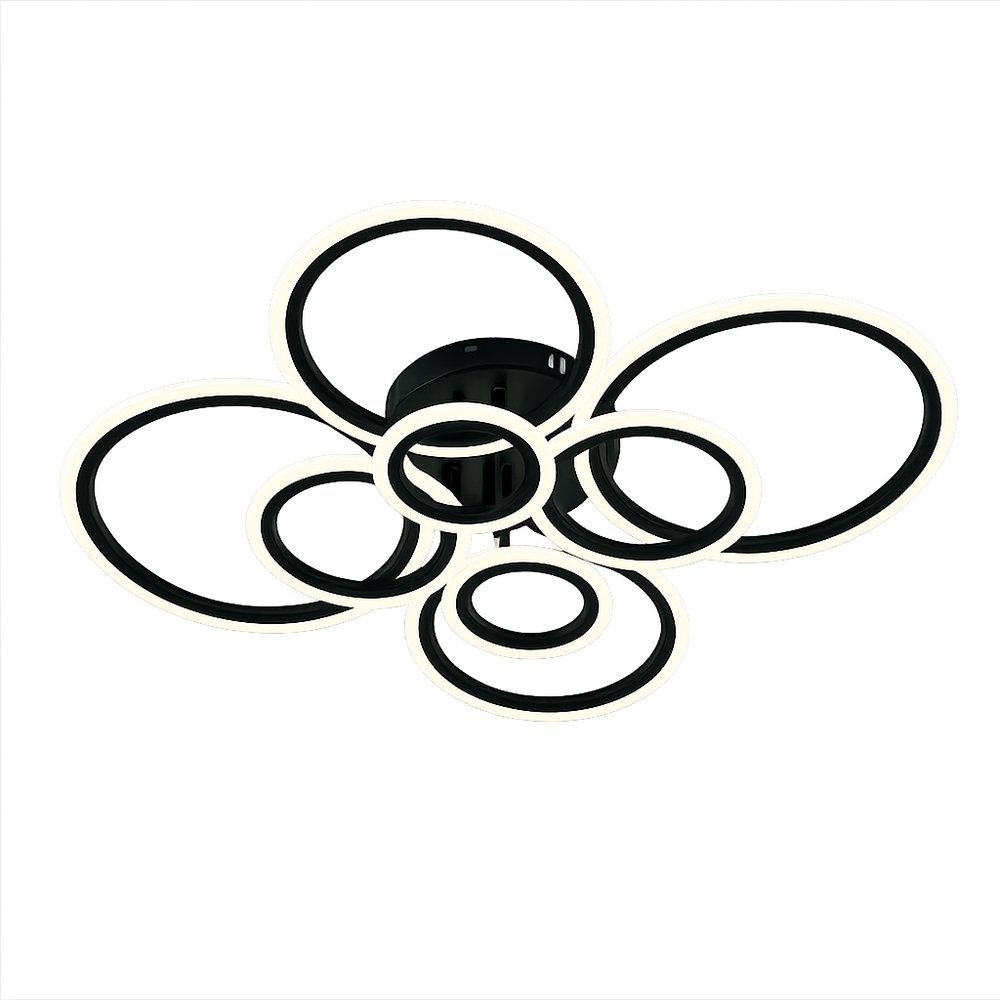 Lustra LED opt cercuri 180W cu telecomanda, montata in living mare modern, lumina ajustabila 3000-6500K pentru iluminare puternica si eleganta