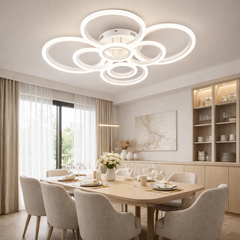 Lustra LED alba opt cercuri 180W cu telecomanda, instalata in bucatarie spatioasa moderna, lumina reglabila 3000-6500K pentru iluminare uniforma si eficienta