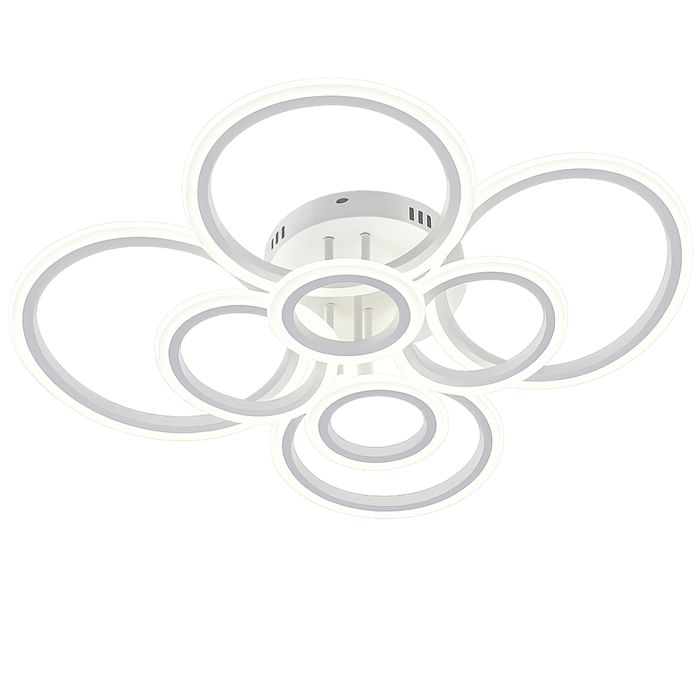 Lustra LED alba opt cercuri 180W cu telecomanda, montata in living mare modern, lumina ajustabila 3000-6500K pentru iluminare eleganta si puternica