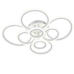 Lustra LED alba opt cercuri 180W cu telecomanda, montata in living mare modern, lumina ajustabila 3000-6500K pentru iluminare eleganta si puternica