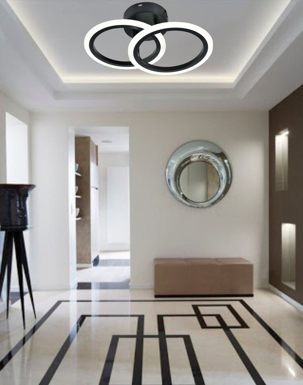 Lustra LED neagra doua cercuri 36W cu telecomanda, montata pe tavan in hol modern cu design minimalist si lumina ajustabila 3000-6500K