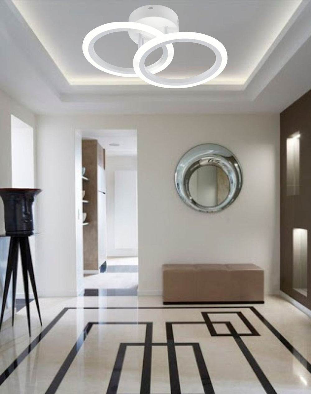 Lustra LED alba dublu rotund 36W cu telecomanda, montata in hol modern, lumina ajustabila 3000-6500K pentru iluminare eleganta si eficienta