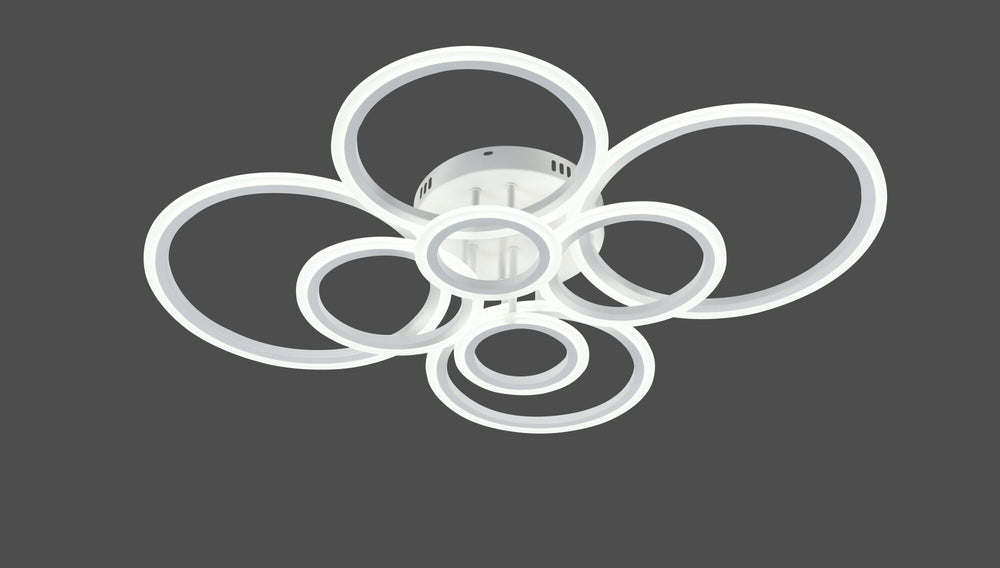 Lustra LED alba opt cercuri 180W cu telecomanda, instalata in bucatarie spatioasa moderna, lumina reglabila 3000-6500K pentru iluminare uniforma si eficienta