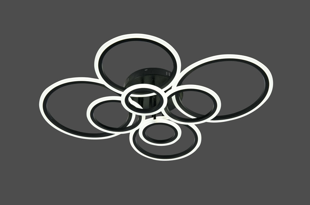 Lustra LED opt cercuri 180W cu telecomanda, instalata in bucatarie spatioasa moderna, lumina reglabila 3000-6500K pentru iluminare uniforma si eficienta