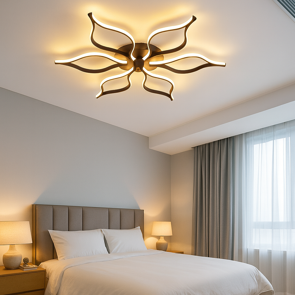 Lustra LED moderna 144W cu lumina ajustabila 3000K-6500K si telecomanda, ideala pentru dormitoare moderne cu iluminare confortabila si relaxanta