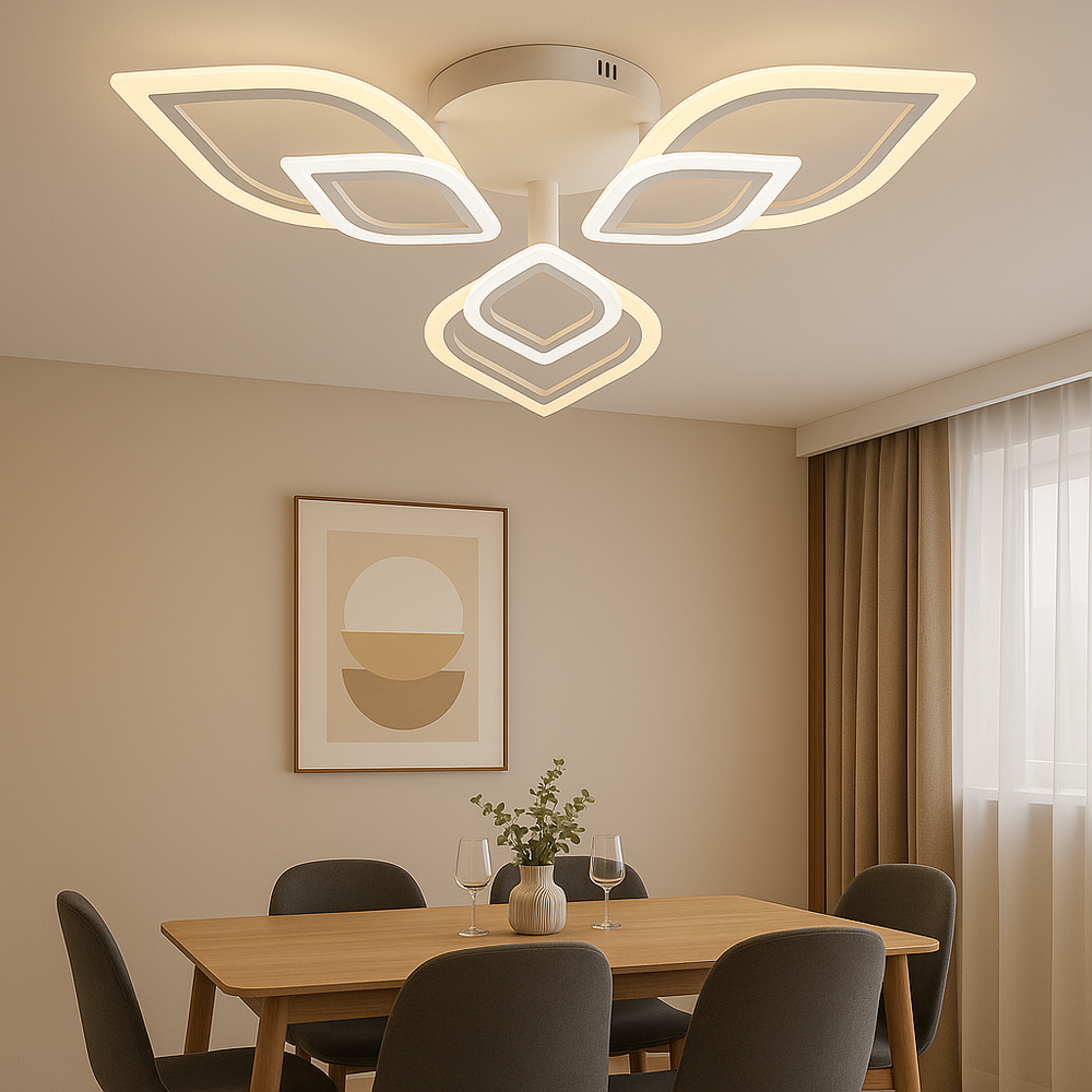 Lustra LED moderna 48W cu 3 cercuri si lumina reglabila 3000K-6500K cu telecomanda, perfecta pentru dining modern cu iluminare eleganta si adaptabila