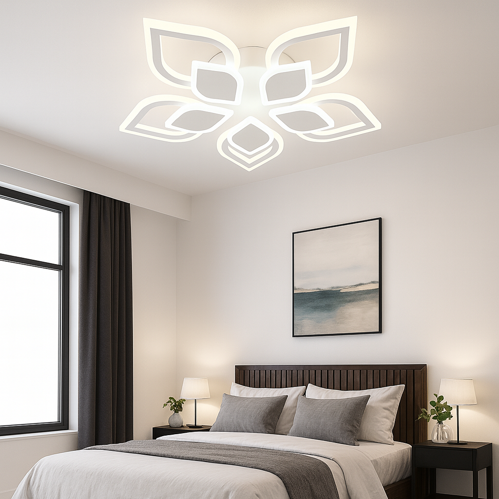 Lustra LED moderna 80W cu 5 cercuri si lumina ajustabila 3000K-6500K, ideala pentru dormitoare moderne cu iluminare confortabila si decorativa