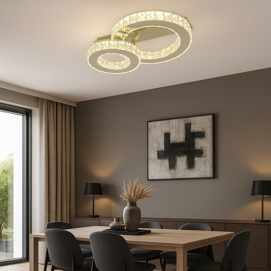Lustra LED 78001/1+1A1 CR cu cristale duble si lumina reglabila 3000–6500K, controlata prin telecomanda, amplasata intr-un dining modern.
