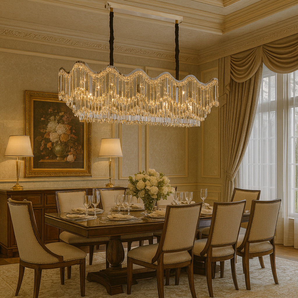 Candelabru modern lux oval cu cristale dense, finisaj argintiu si 12 E27, perfect pentru dining modern si sofisticat, model 78006-1100*400 CH.