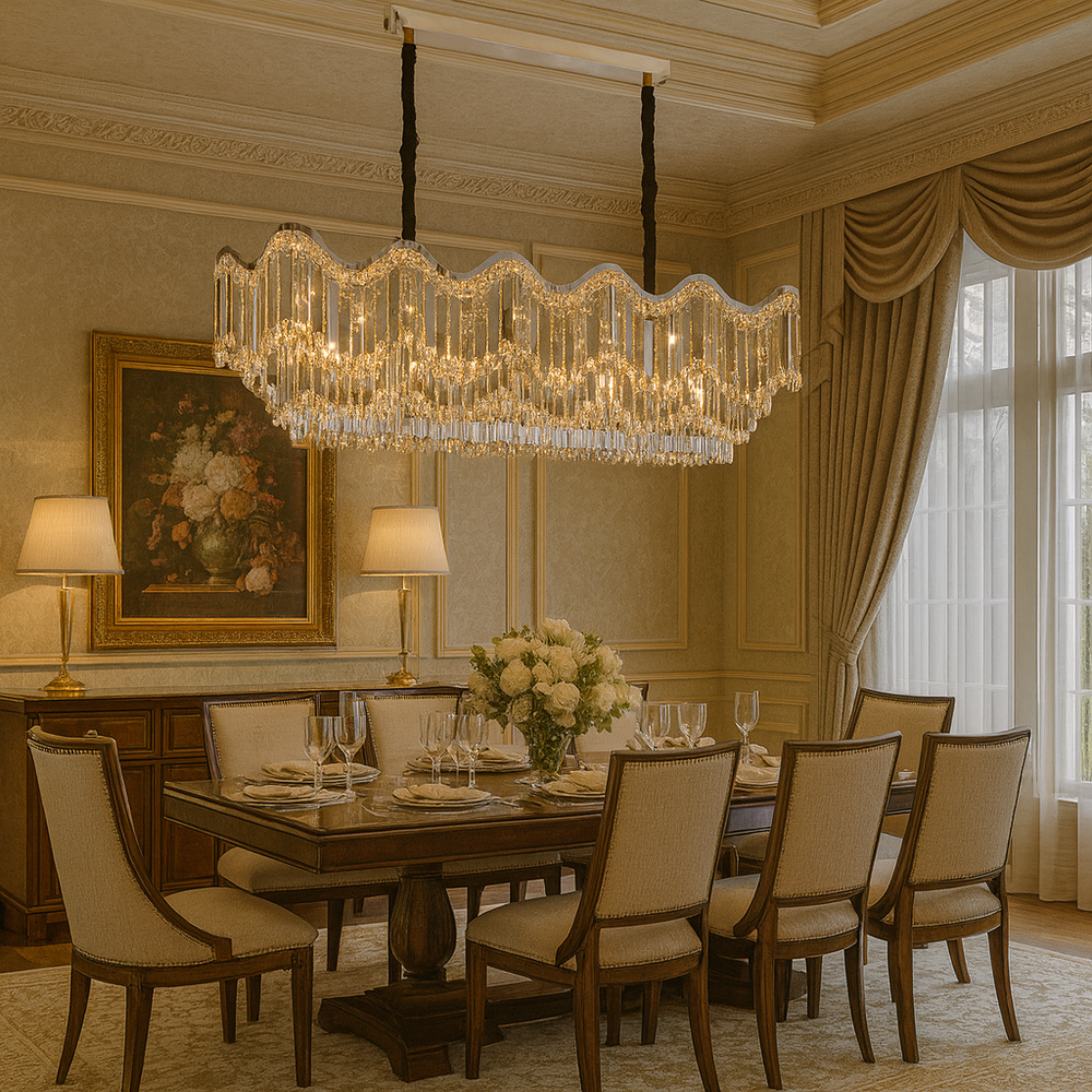 Candelabru modern lux oval cu cristale dense, finisaj argintiu si 12 E27, perfect pentru dining modern si sofisticat, model 78006-1100*400 CH.