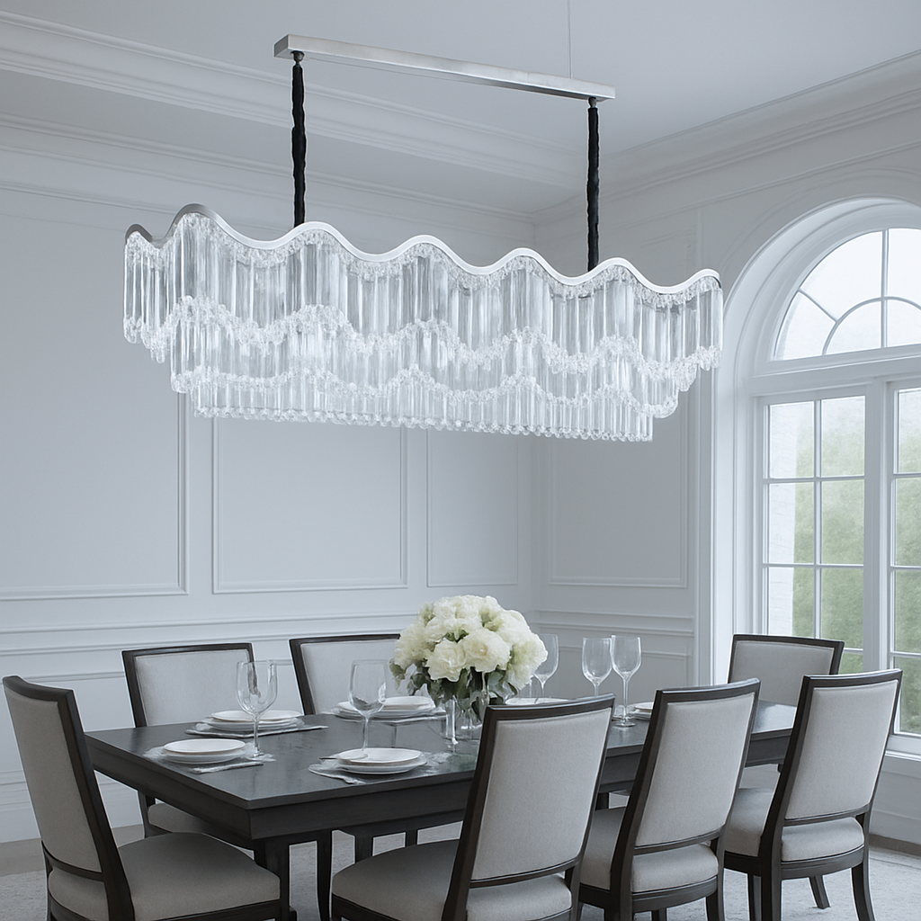 Candelabru modern lux oval cu cristale dense, finisaj argintiu si 12 E27, perfect pentru dining modern si sofisticat, model 78006-1100*400 CH.