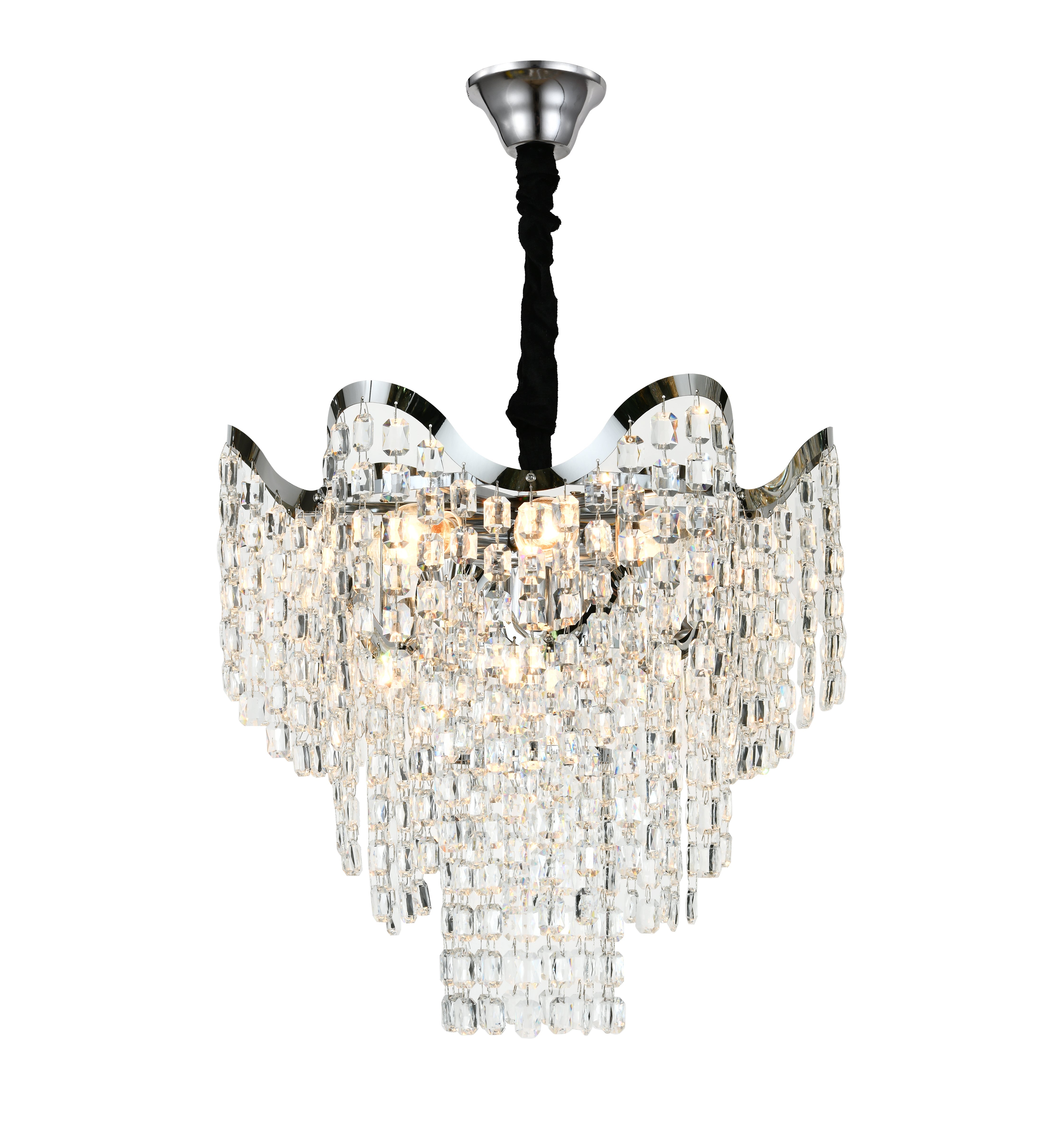 Candelabru din cristale 78006-450 CH cu 7 becuri E27, design elegant pe mai multe niveluri, iluminare decorativa pentru dormitor stilat.