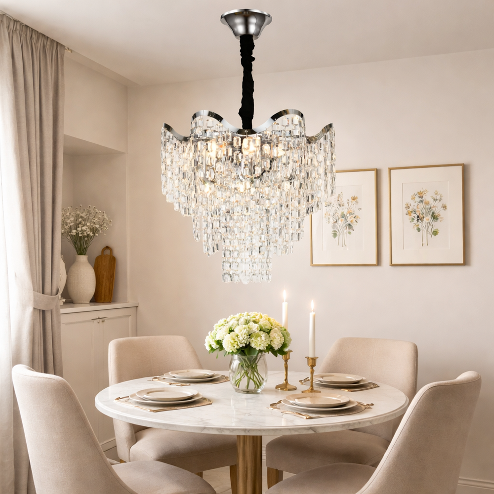 Candelabru decorativ din cristale 78006-450 CH cu 7 surse E27, lumina spectaculoasa si design premium pentru zona de dining.