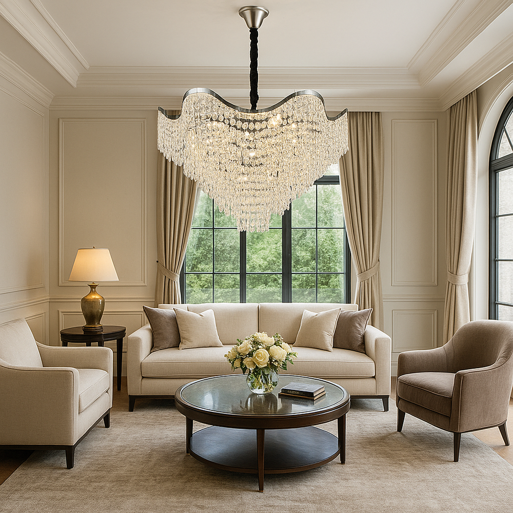 Candelabru modern lux cu cristale dense, Ø78 cm si 18 E27, finisaj argintiu, ideal pentru living spatios cu efect vizual spectaculos si iluminare puternica, model 78006-780 CH.