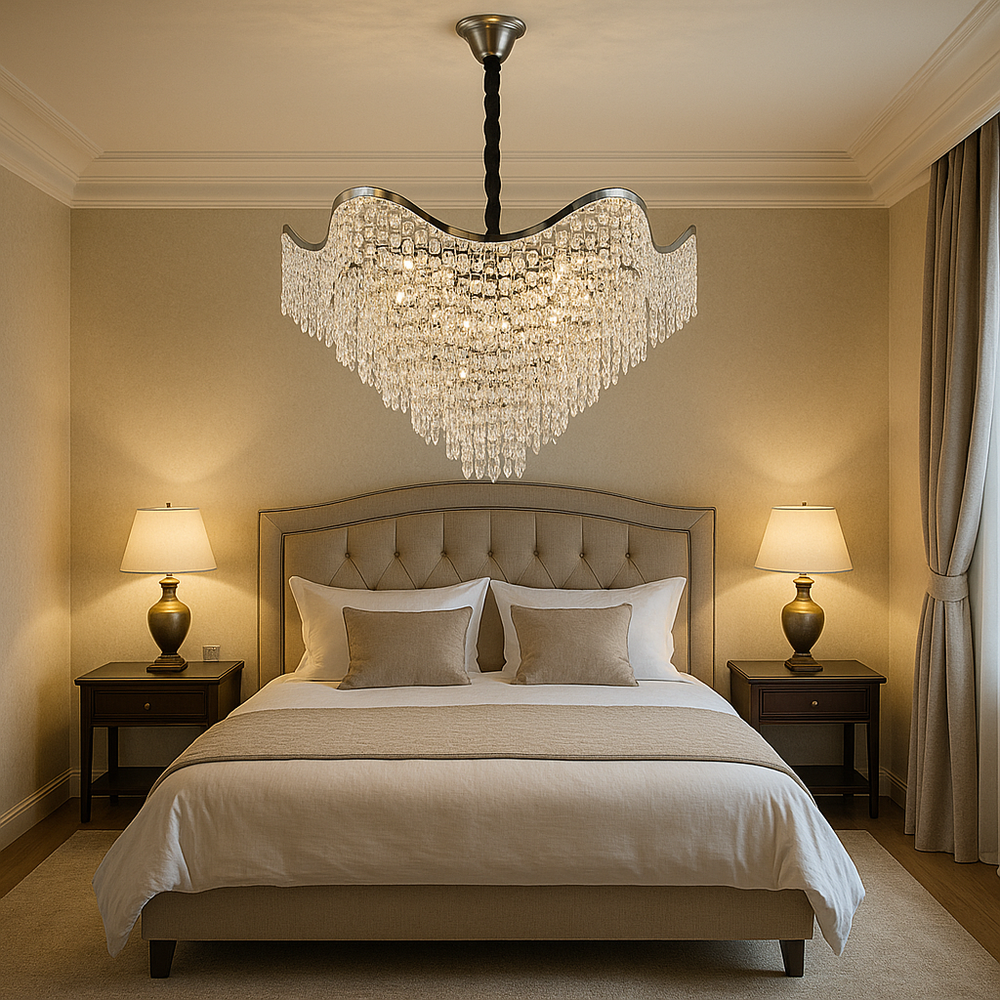 Candelabru modern lux argintiu, Ø78 cm cu cristale elegante si 18 E27, potrivit pentru dormitor rafinat cu atmosfera premium si stralucire intensa, model 78006-780 CH.