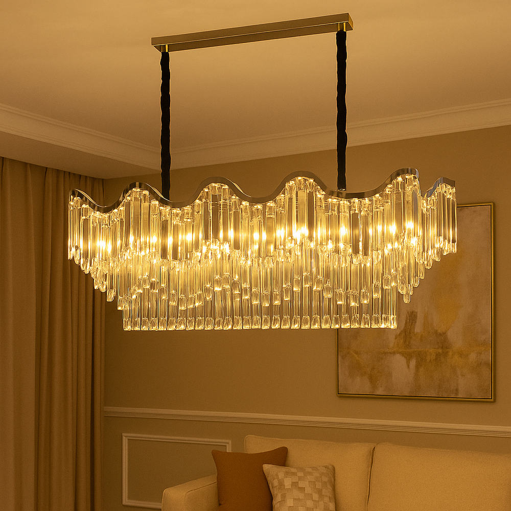 Candelabru modern lux oval ondulat cu cristale lungi, finisaj argintiu si 12 E27, ideal pentru living spatios cu efect spectaculos de lumina, model 78012-1100×400 CH.