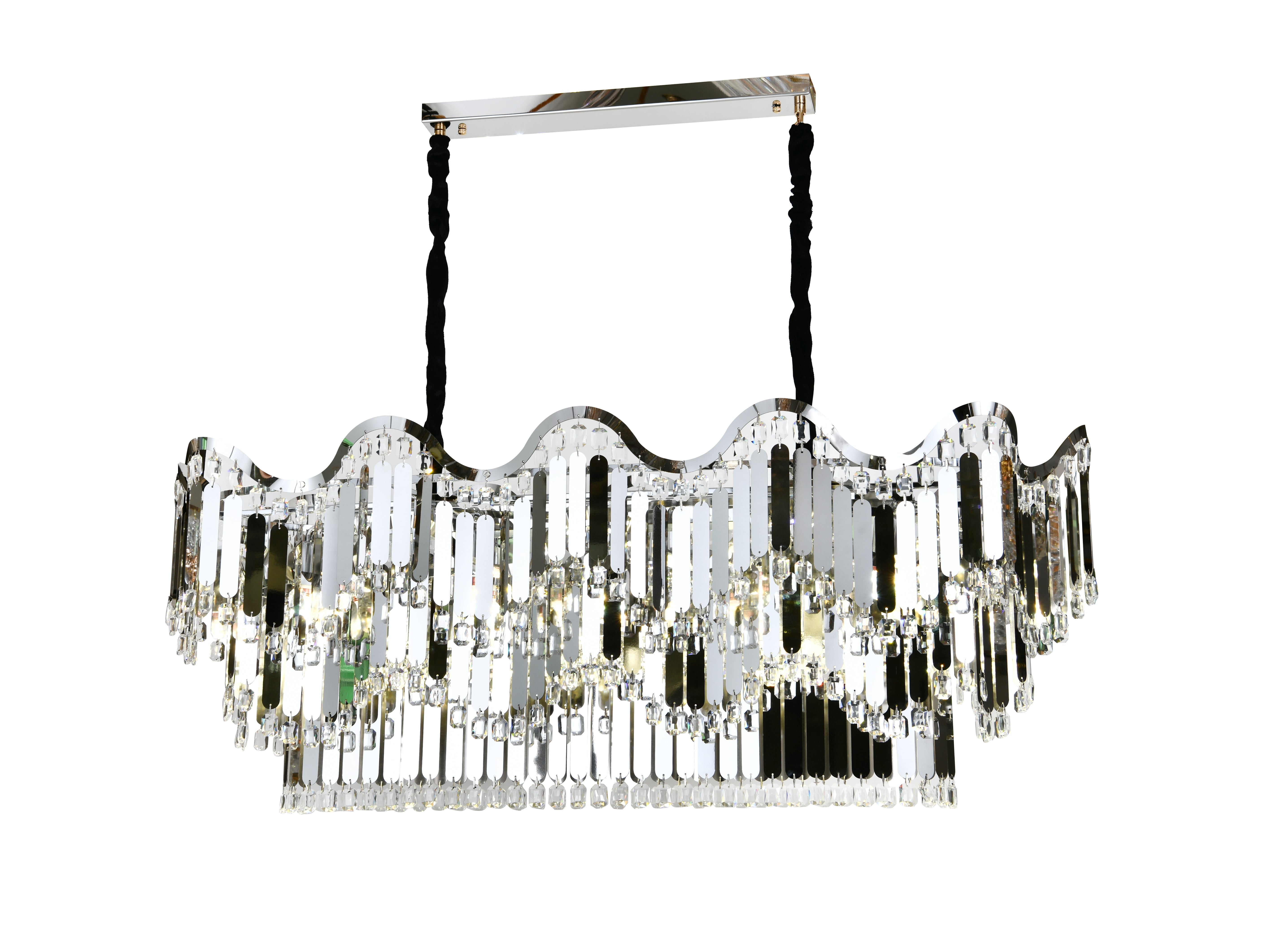 Candelabru modern lux argintiu cu cristale transparente, forma ovala ondulata si 12 E27, perfect pentru dormitor elegant cu ambient rafinat, model 78012-1100×400 CH.