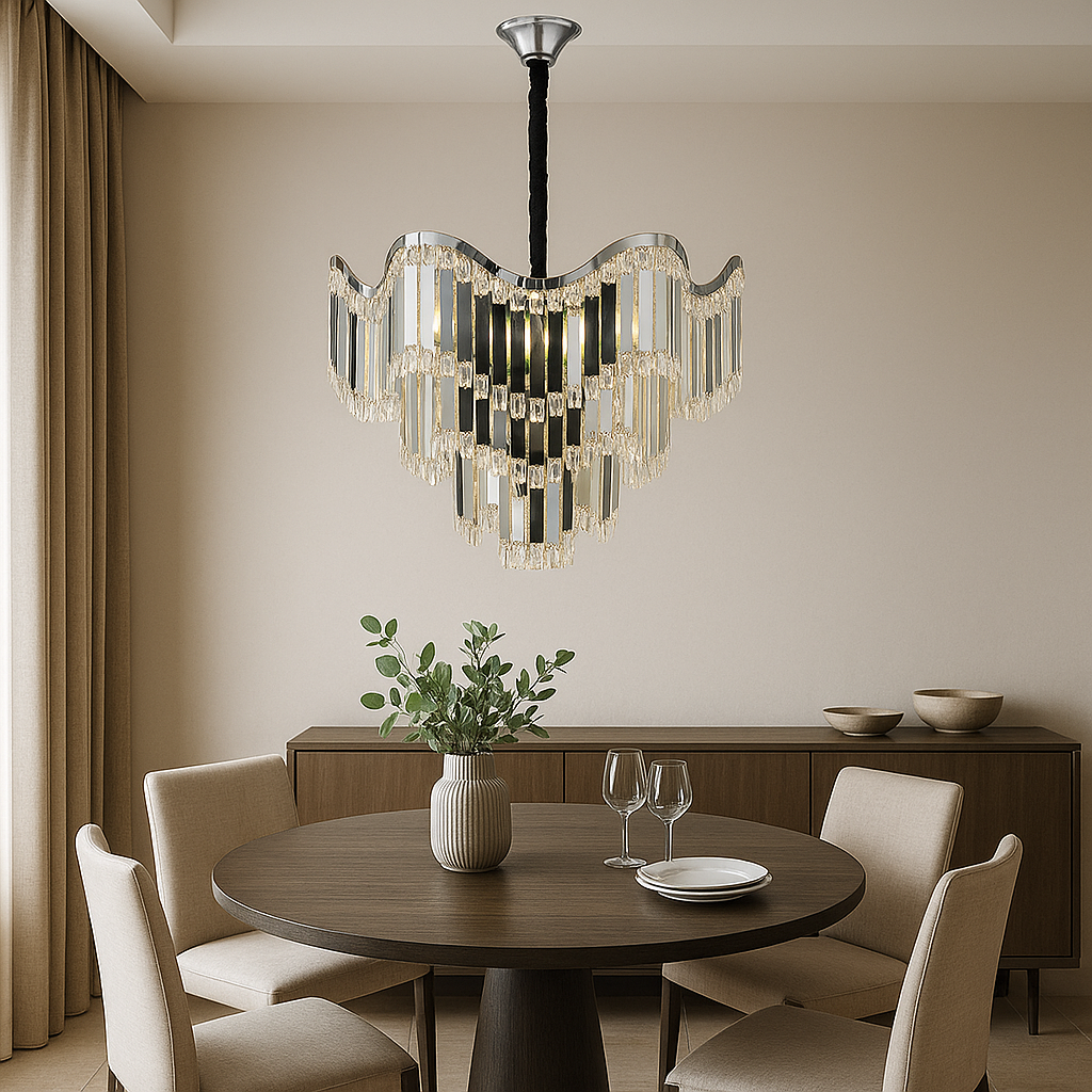 Candelabru modern lux cu cristale fatetate, Ø45 cm si 7 E27, finisaj argintiu, perfect pentru dining modern si elegant, model 78012-450 CH.