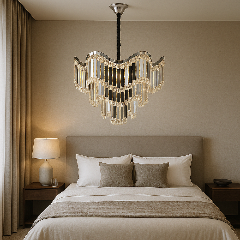 Candelabru modern lux argintiu Ø45 cm cu cristale clare si 7 E27, potrivit pentru dormitor rafinat cu atmosfera luminoasa si sofisticata, model 78012-450 CH.