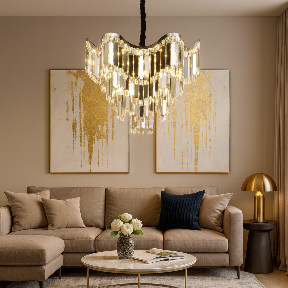 Candelabru modern lux cu cristale pe niveluri, Ø60 cm si 12 E27, finisaj argintiu, ideal pentru living spatios cu efect spectaculos de lumina, model 78012-600 CH.