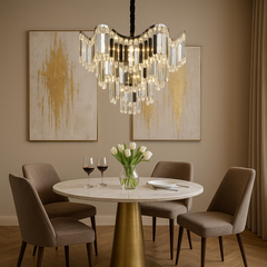 Candelabru modern lux cu cristale dispuse pe niveluri, Ø60 cm si 12 E27, perfect pentru dining modern si sofisticat, model 78012-600 CH.