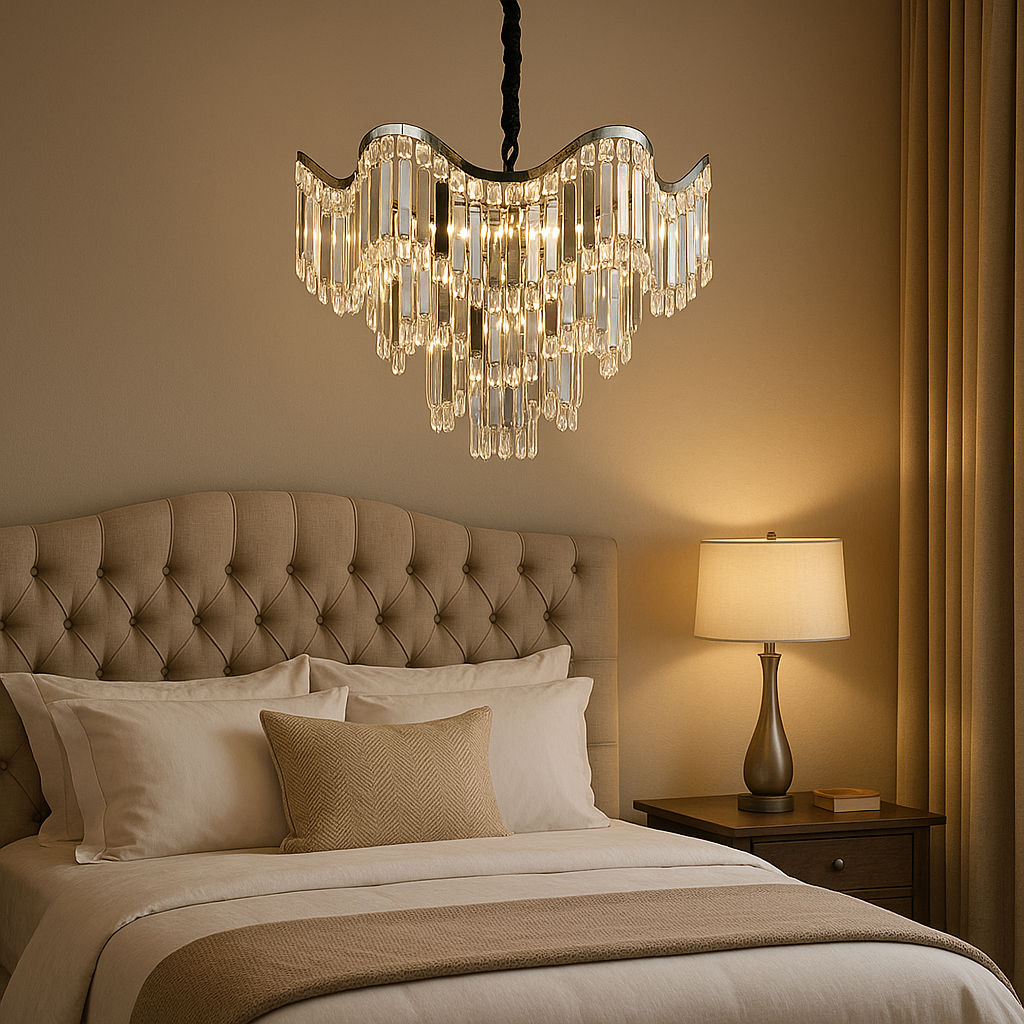 Candelabru modern lux argintiu Ø60 cm cu cristale multiple si 12 E27, potrivit pentru dormitor elegant cu atmosfera luminoasa si rafinata, model 78012-600 CH.