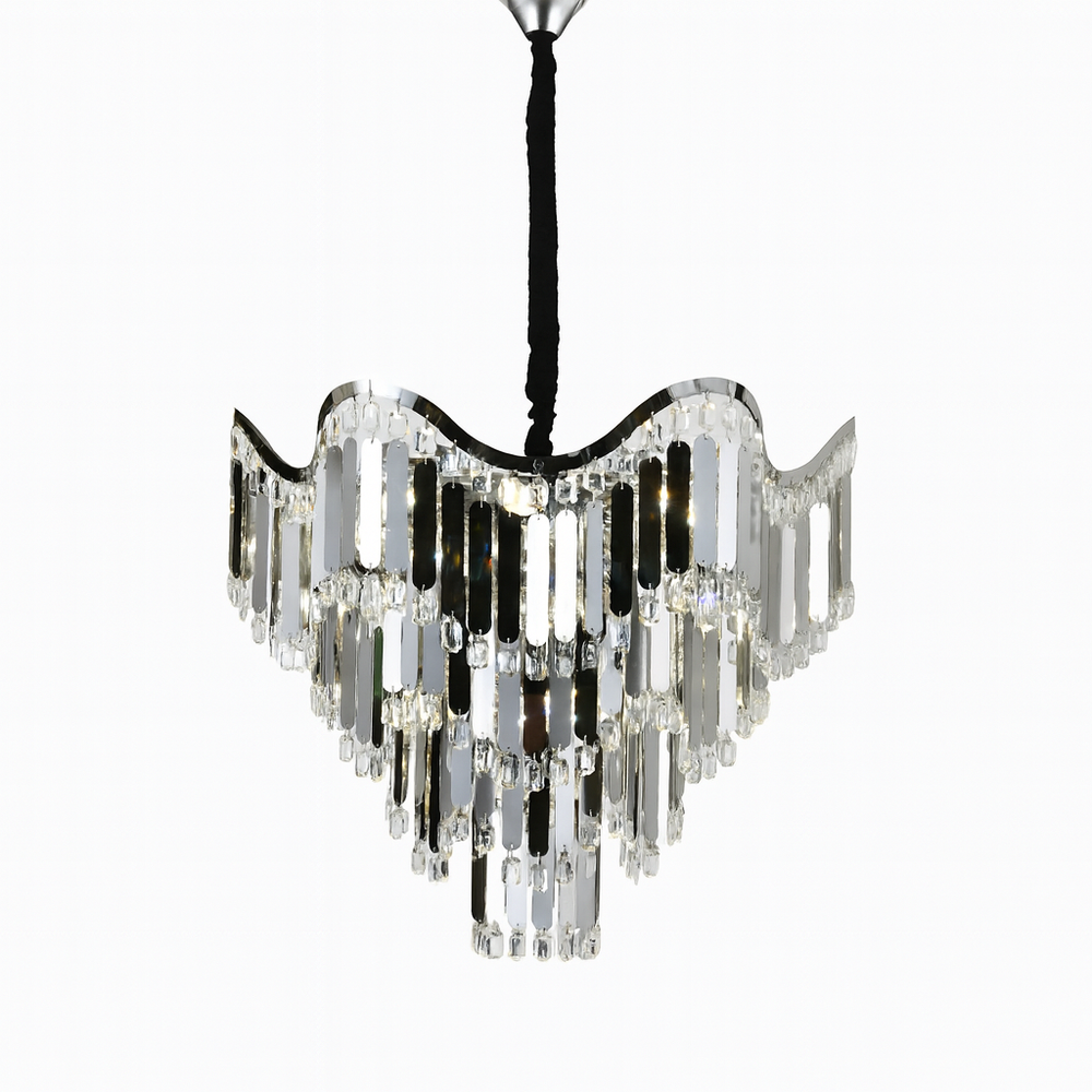 Candelabru modern lux cu cristale pe niveluri, Ø60 cm si 12 E27, finisaj argintiu, ideal pentru living spatios cu efect spectaculos de lumina, model 78012-600 CH.