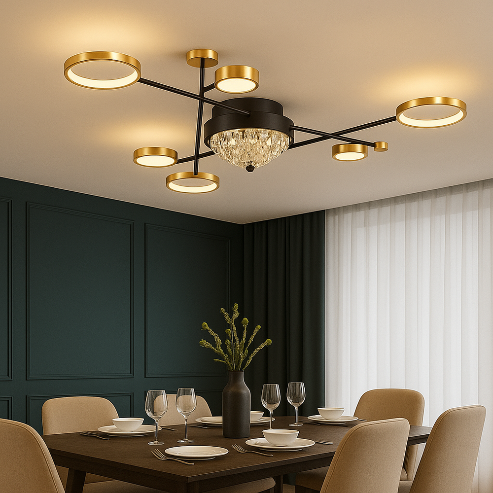 Lustra LED moderna 138W cu 7 brate si lumina reglabila 3000K-6500K cu telecomanda, perfecta pentru dining modern cu iluminare eleganta si atmosfera adaptabila