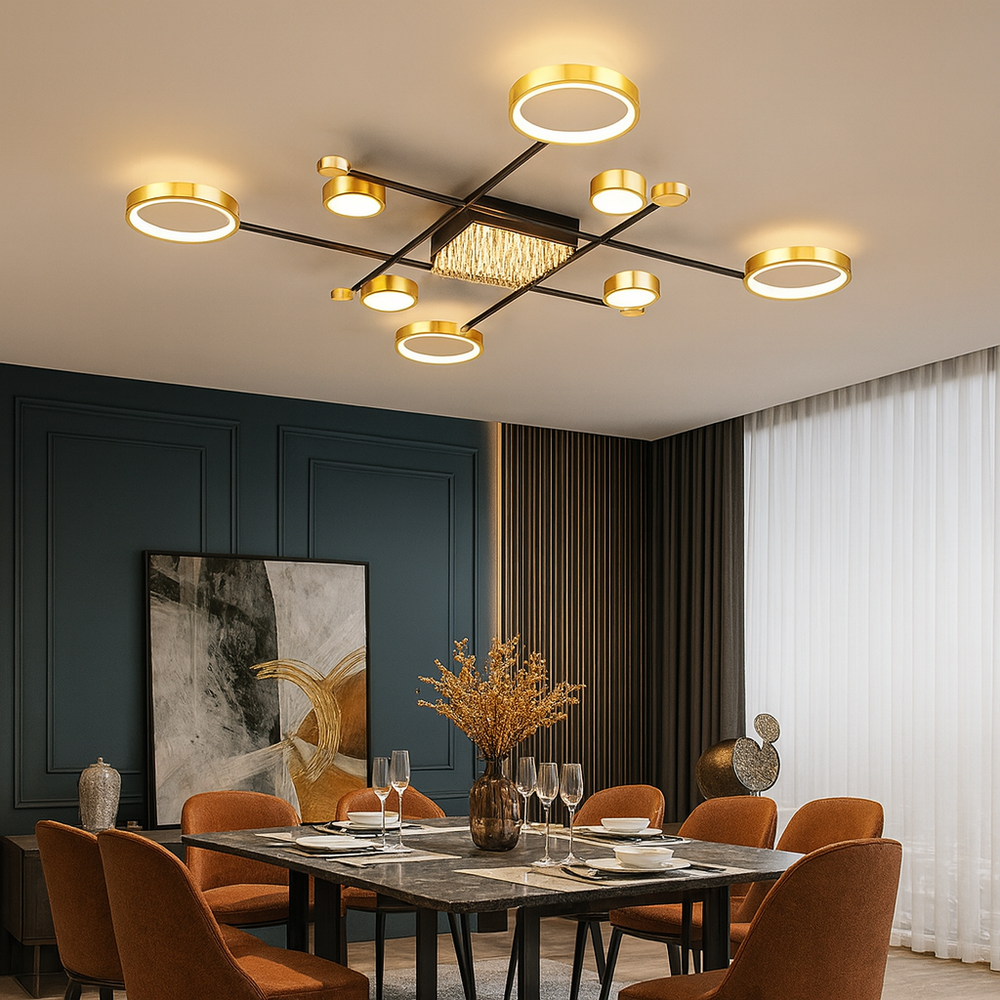 Lustra LED moderna 168W cu 9 brate si lumina ajustabila 3000K-6500K cu telecomanda, ideala pentru dining modern cu iluminare eleganta si atmosfera adaptabila