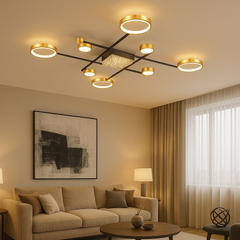 Lustra LED moderna 168W cu 9 brate si lumina reglabila 3000K-6500K cu telecomanda, montata in living mare pentru iluminare puternica si eleganta