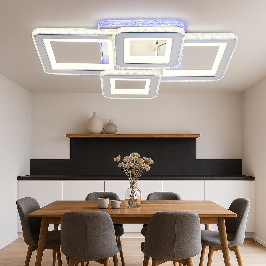 Lustra LED 170W cu 4 patrate suprapuse si lumina ajustabila 3000K-6500K, ideala pentru dining modern care necesita iluminare eleganta si versatila