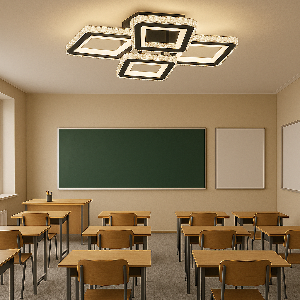 Lustra LED moderna 170W BK+CR cu 4 patrate si lumina ajustabila, perfecta pentru birou modern cu iluminare functionala si uniforma