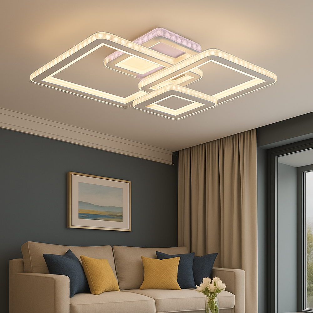 Lustra LED 134W WH+CR cu 3 patrate si lumina reglabila 3000K-6500K cu telecomanda, montata in living modern pentru iluminare eleganta si uniforma