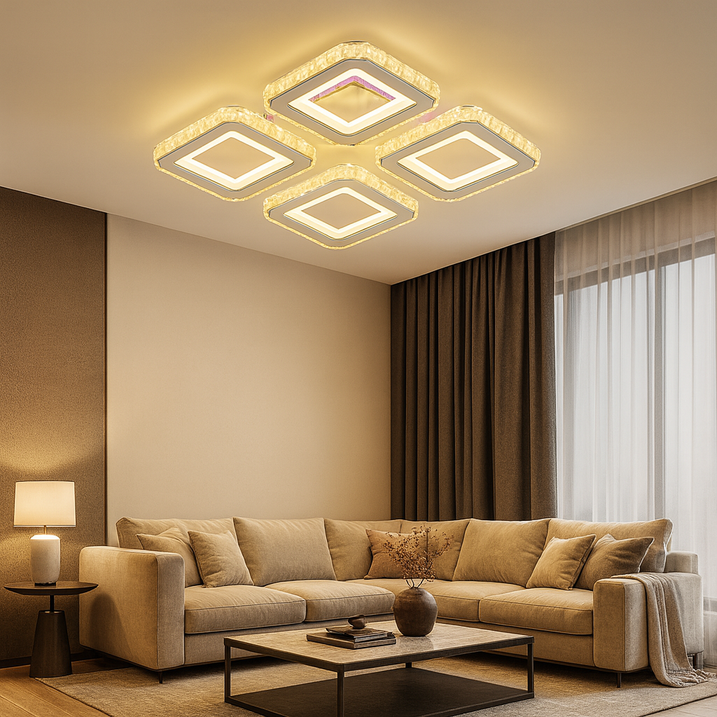 Lustra LED patrata 134W WH+CR cu 4 patrate si lumina reglabila 3000K-6500K cu telecomanda, ideala pentru living modern cu iluminare eleganta