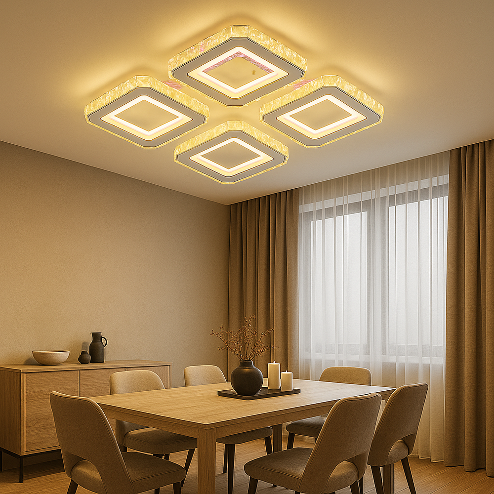 Lustra LED patrata 134W WH+CR cu 4 patrate si lumina reglabila, perfecta pentru dining modern ce necesita iluminare eleganta si uniforma