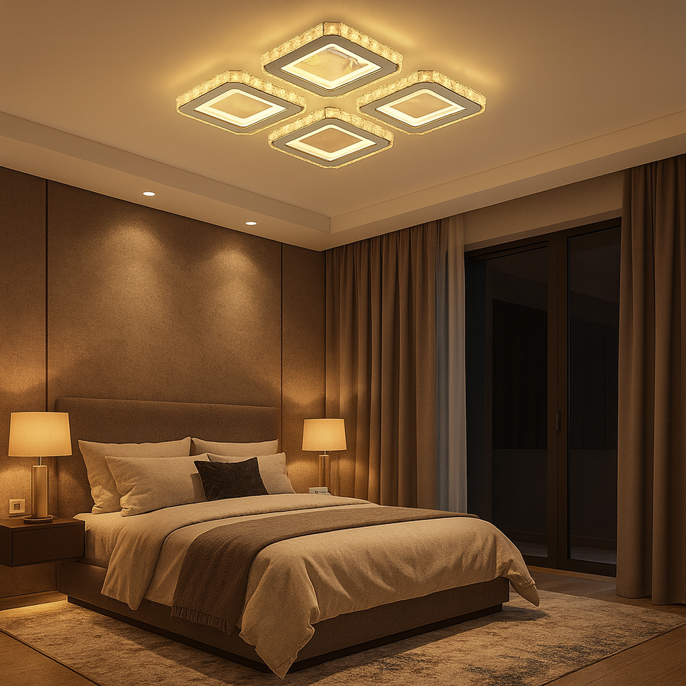 Lustra LED 134W WH+CR cu design patrata modern si lumina ajustabila 3000K-6500K, potrivita pentru dormitor modern cu iluminare confortabila