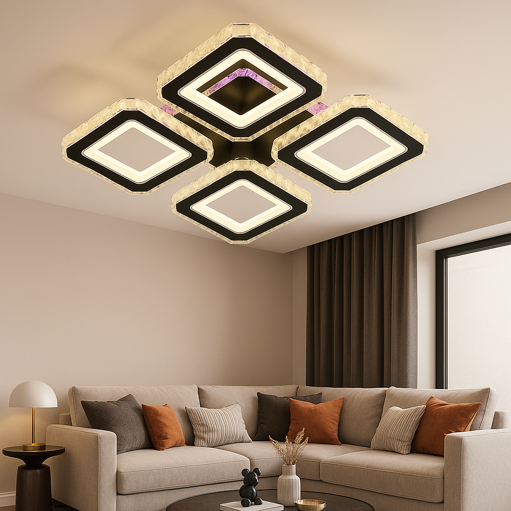 Lustra LED patrata 134W BK+CR cu 4 patrate si lumina reglabila 3000K-6500K cu telecomanda, ideala pentru living modern cu iluminare eleganta