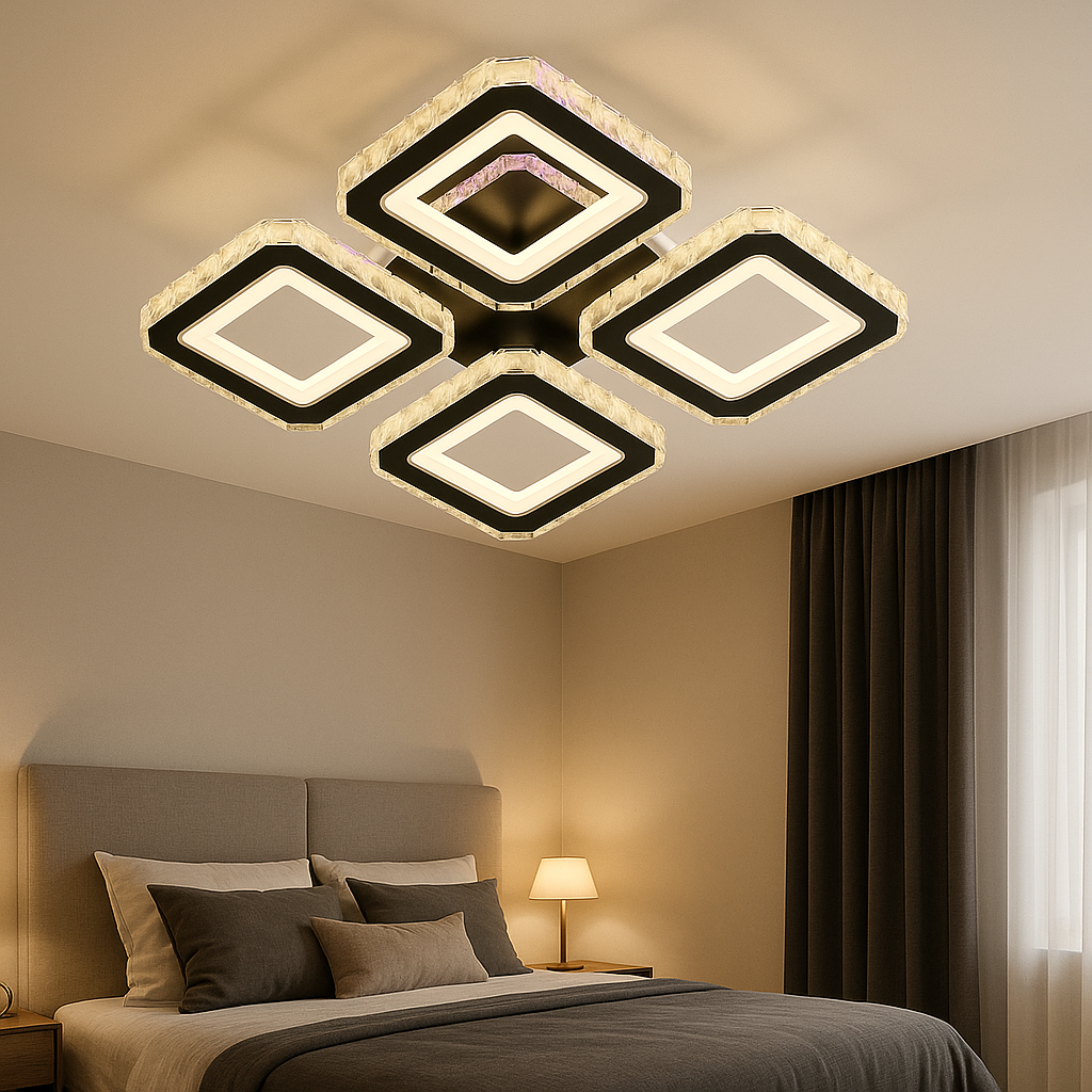 Lustra LED 134W BK+CR cu design patrata modern si lumina ajustabila 3000K-6500K, potrivita pentru dormitor modern cu iluminare clara si confortabila