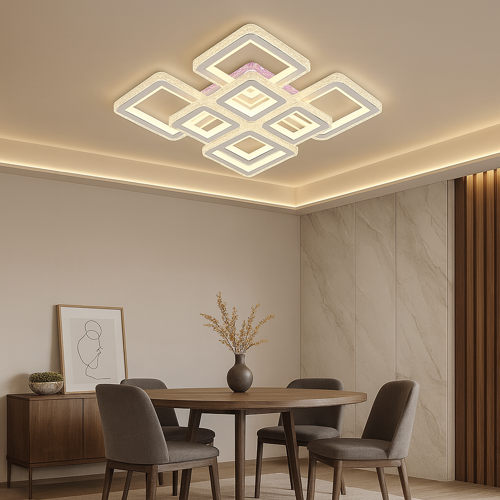 Lustra LED patrata 352W WH+CR cu patrate suprapuse si lumina reglabila, perfecta pentru dining modern cu iluminare eleganta si uniforma