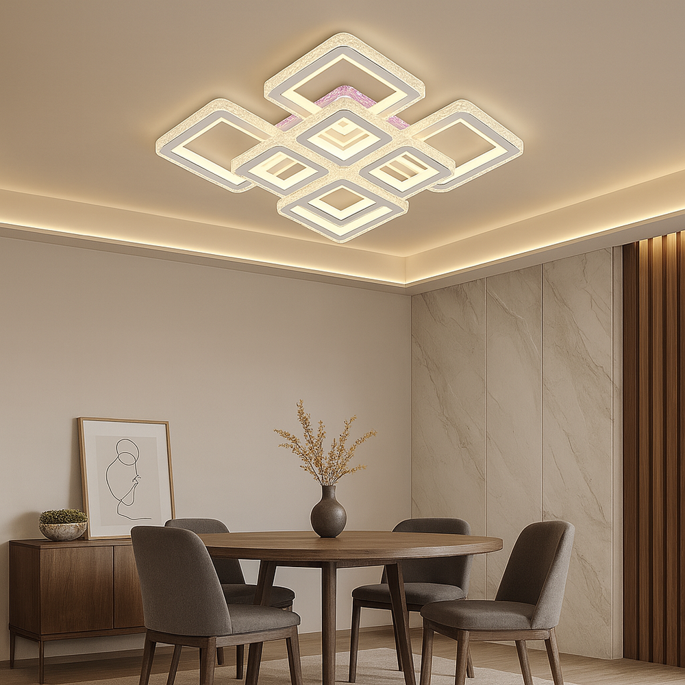 Lustra LED patrata 352W WH+CR cu patrate suprapuse si lumina reglabila, perfecta pentru dining modern cu iluminare eleganta si uniforma