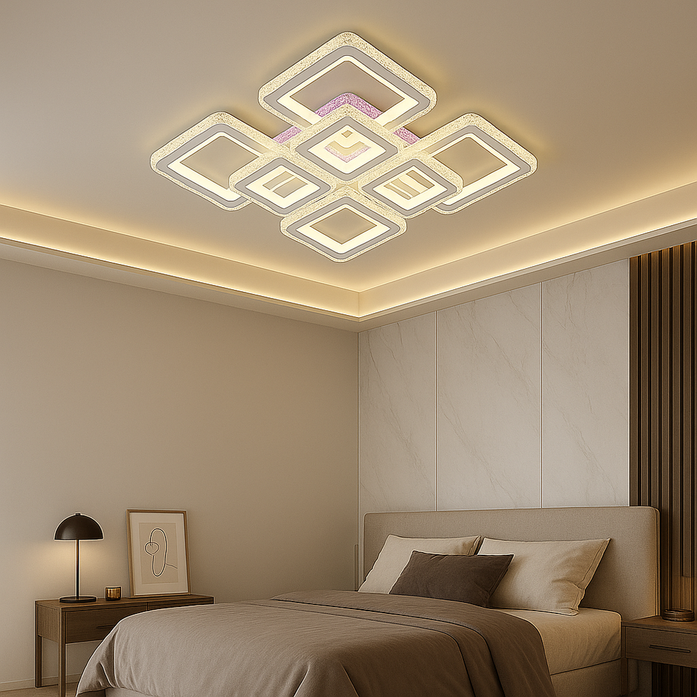 Lustra LED 352W WH+CR cu design patrata modern si lumina ajustabila 3000K-6500K, potrivita pentru dormitor modern cu iluminare clara si confortabila