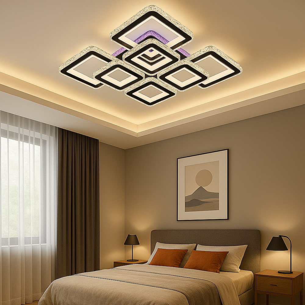 Lustra LED 352W BK+CR cu design patrata modern si lumina ajustabila 3000K-6500K, potrivita pentru dormitor modern cu iluminare clara si confortabila