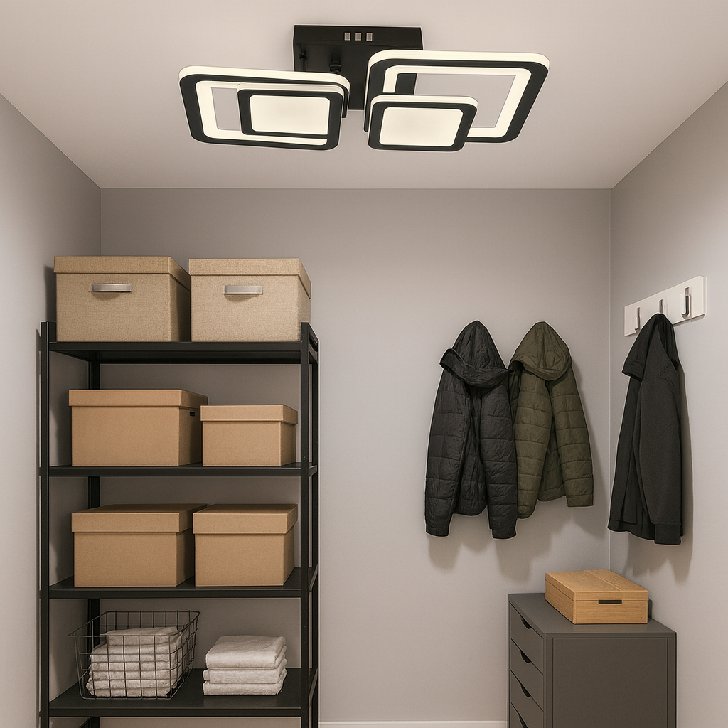 Lustra LED rectangulara 80W negru cu lumina ajustabila 3000K-6500K si telecomanda, potrivita pentru birouri moderne cu iluminare precisa