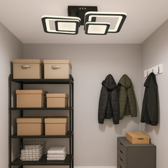 Lustra LED rectangulara 80W negru cu lumina ajustabila 3000K-6500K si telecomanda, potrivita pentru birouri moderne cu iluminare precisa