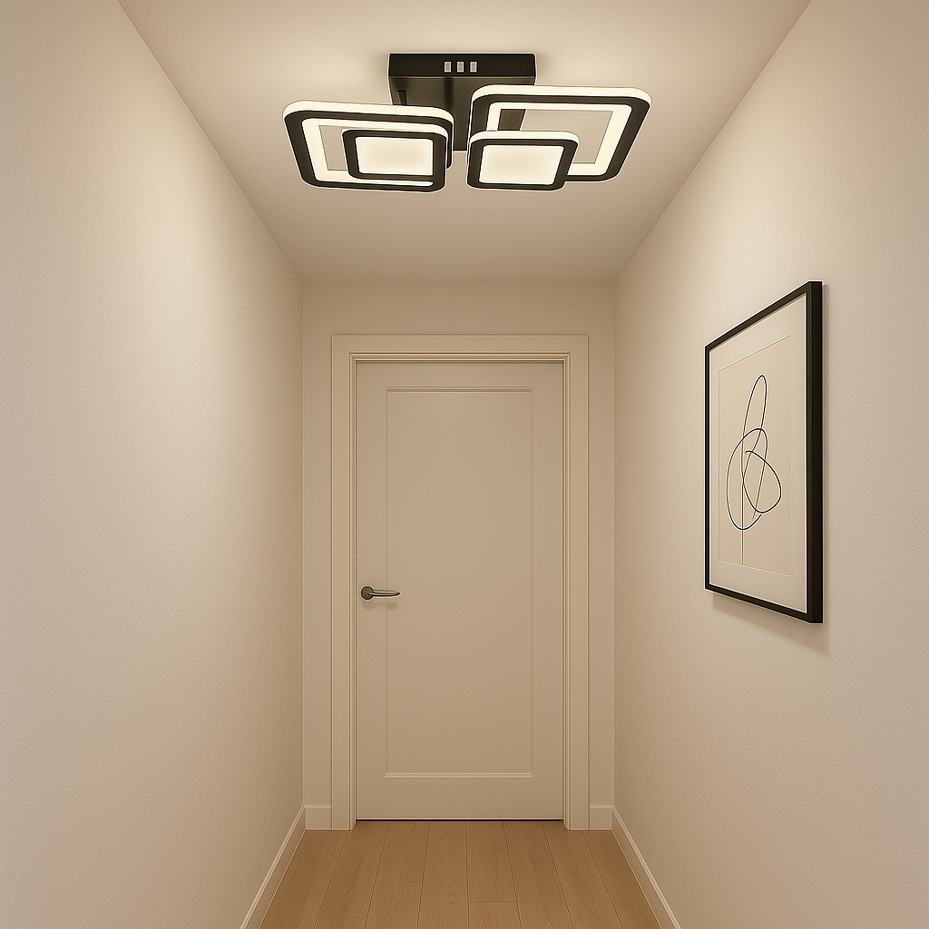 Lustra LED rectangulara 80W finisaj negru cu lumina reglabila si telecomanda, ideala pentru hol modern cu iluminare uniforma