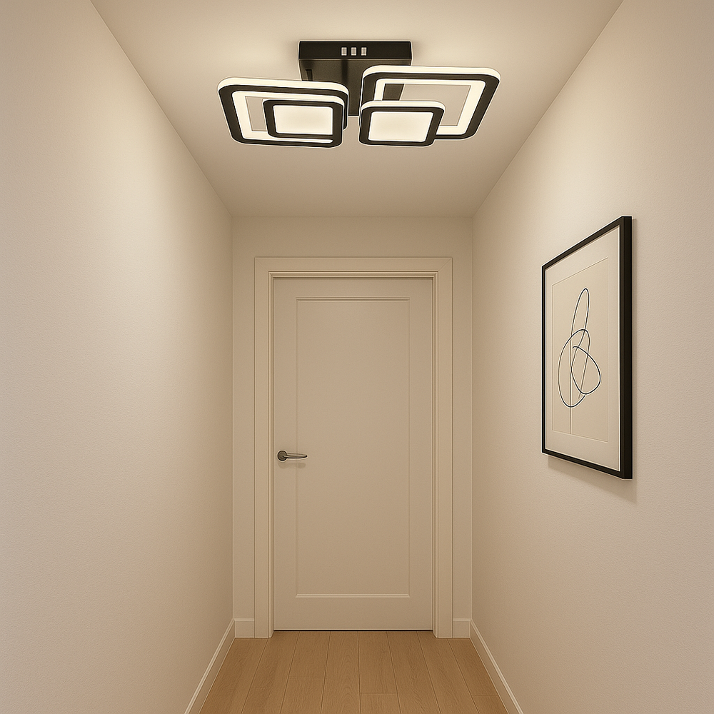 Lustra LED rectangulara 80W finisaj negru cu lumina reglabila si telecomanda, ideala pentru hol modern cu iluminare uniforma