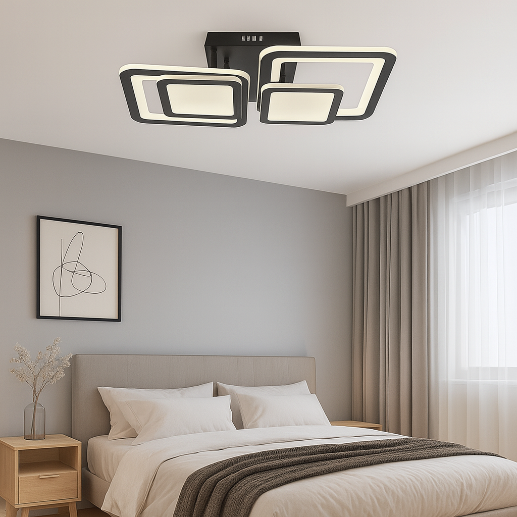 Lustra LED rectangulara 80W finisaj negru cu lumina ajustabila 3000K-6500K, perfecta pentru dormitor modern cu iluminare confortabila